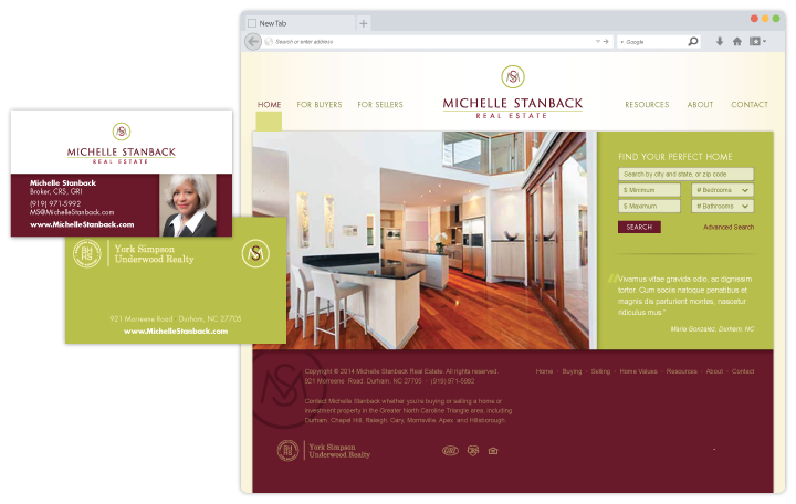 Image of website, logo and business card design for a local real estate agent